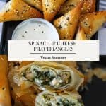 Pinterest image for spinach feta spanakopita triangles.