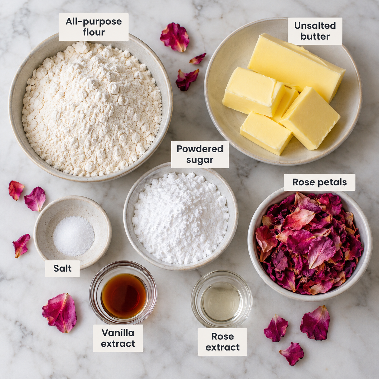 Ingredients for making rose-flavored shortbread cookies.