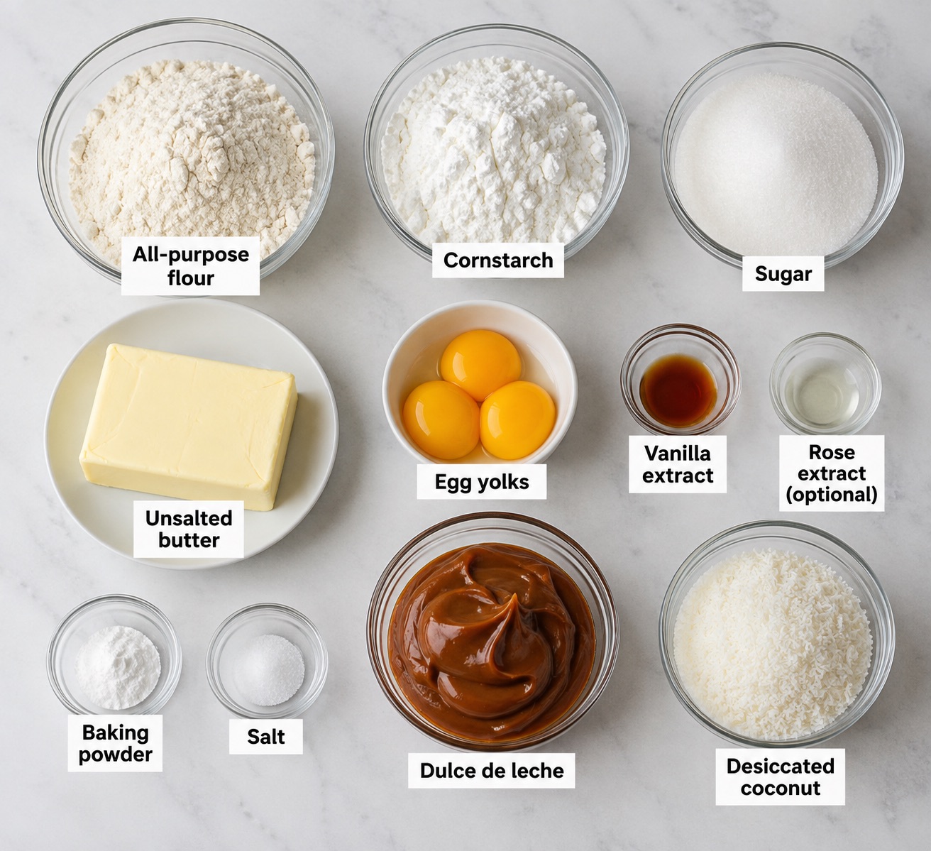 Ingredients for Alfajores cookies including flour, cornstarch, sugar, butter, egg yolks, vanilla, ro.