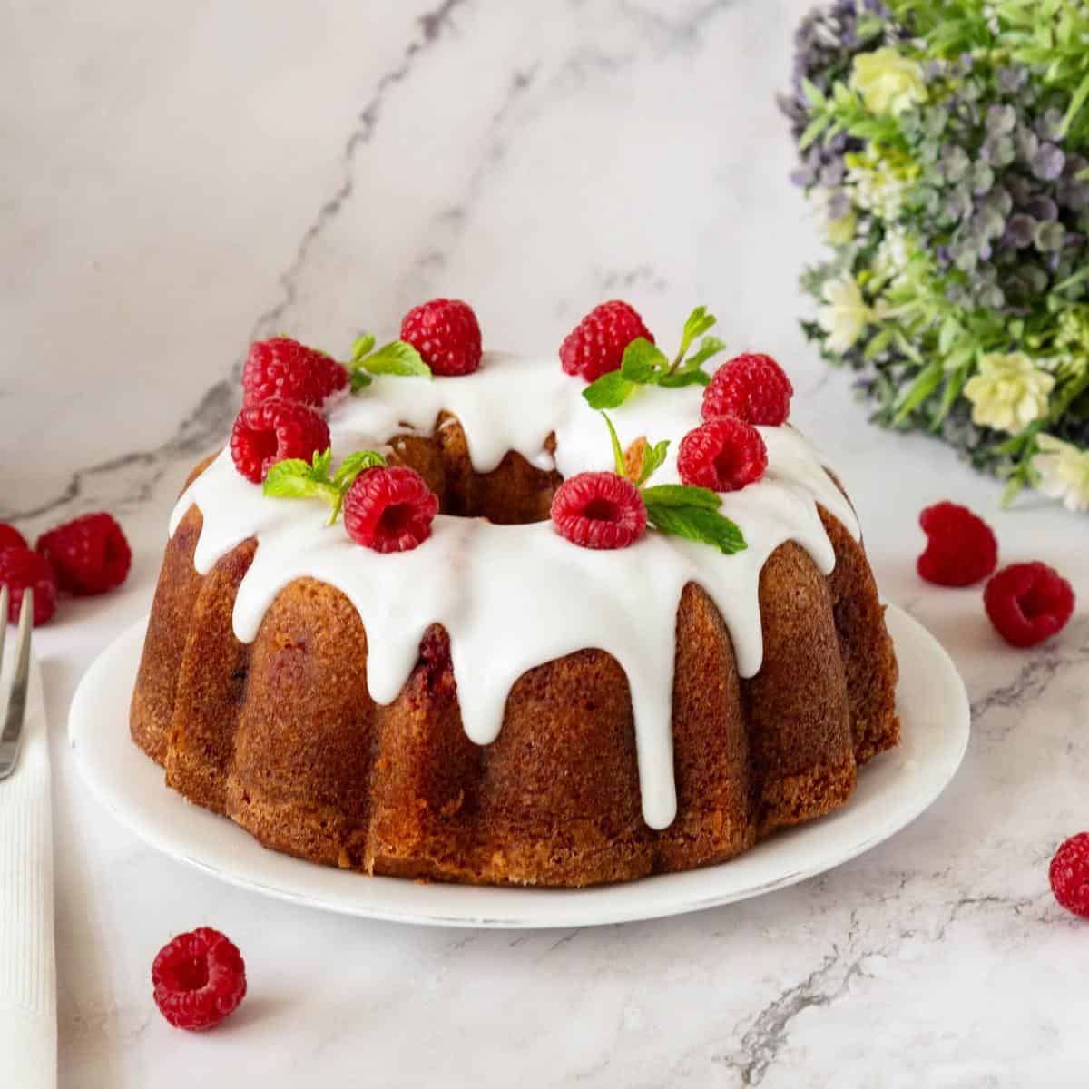 A lemon raspberry bundt cake with lemon glaze.