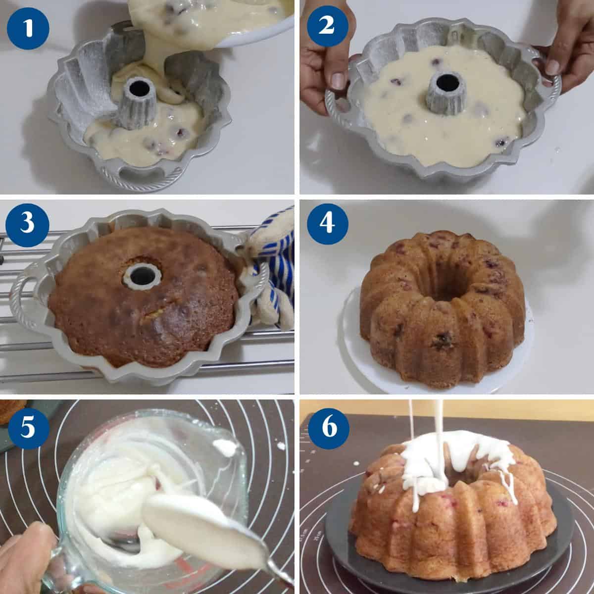 Progress pictures making a lemon and raspberry bundt cake.