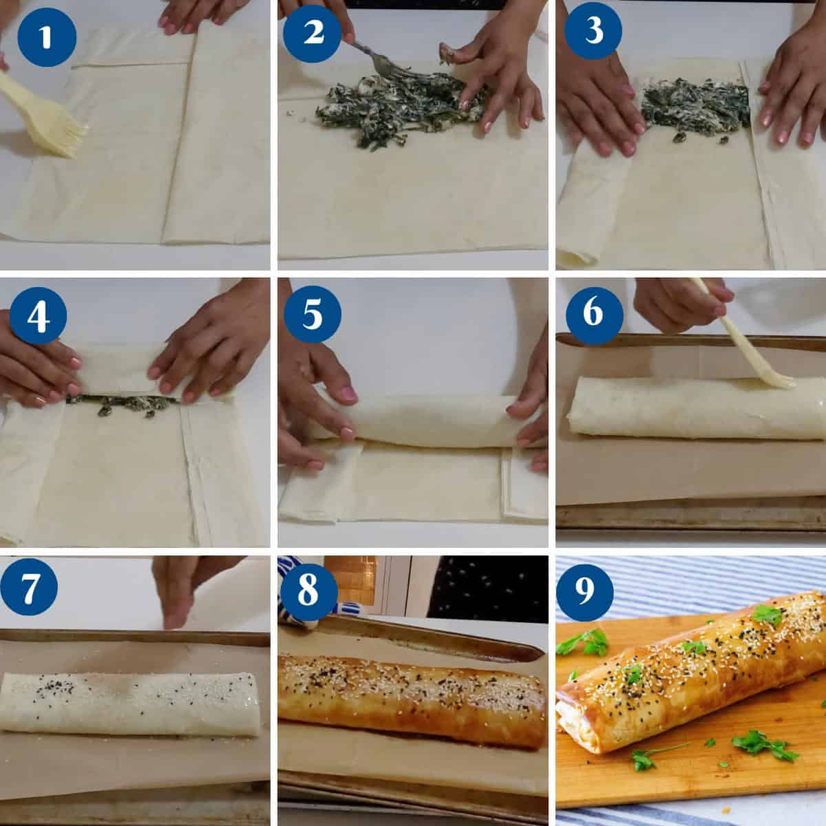 Progress pictures filling the filo pastry strudel.