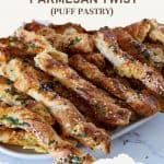 Pinterest image for Roasted Garlic Parmesan Puff Pastry Twist.