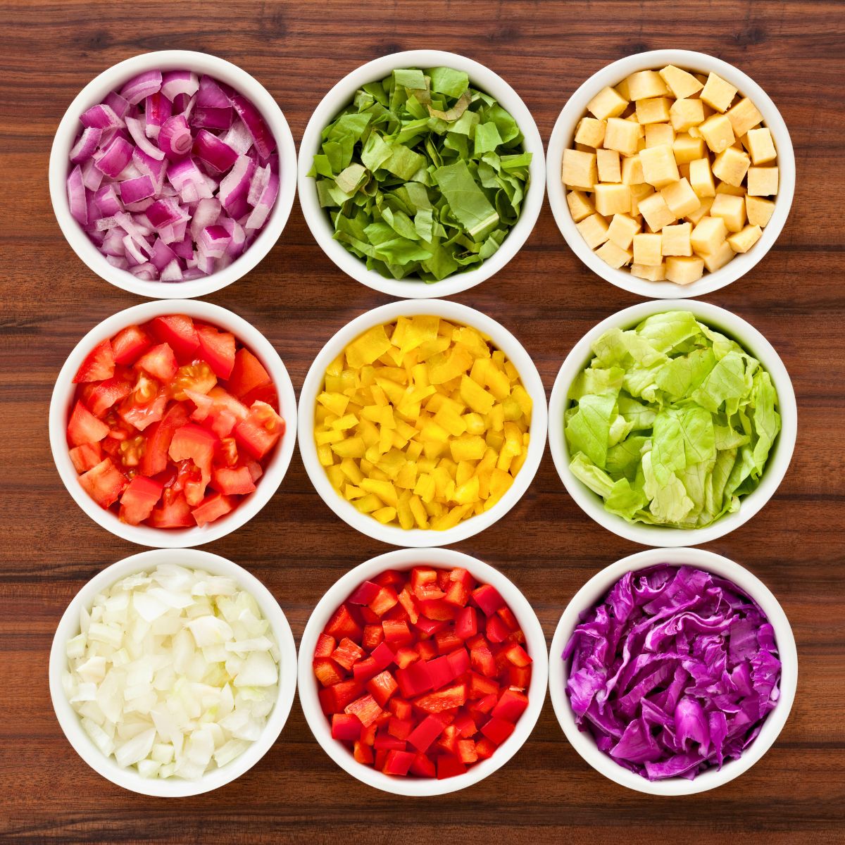 Chopped veggies in my bowls.