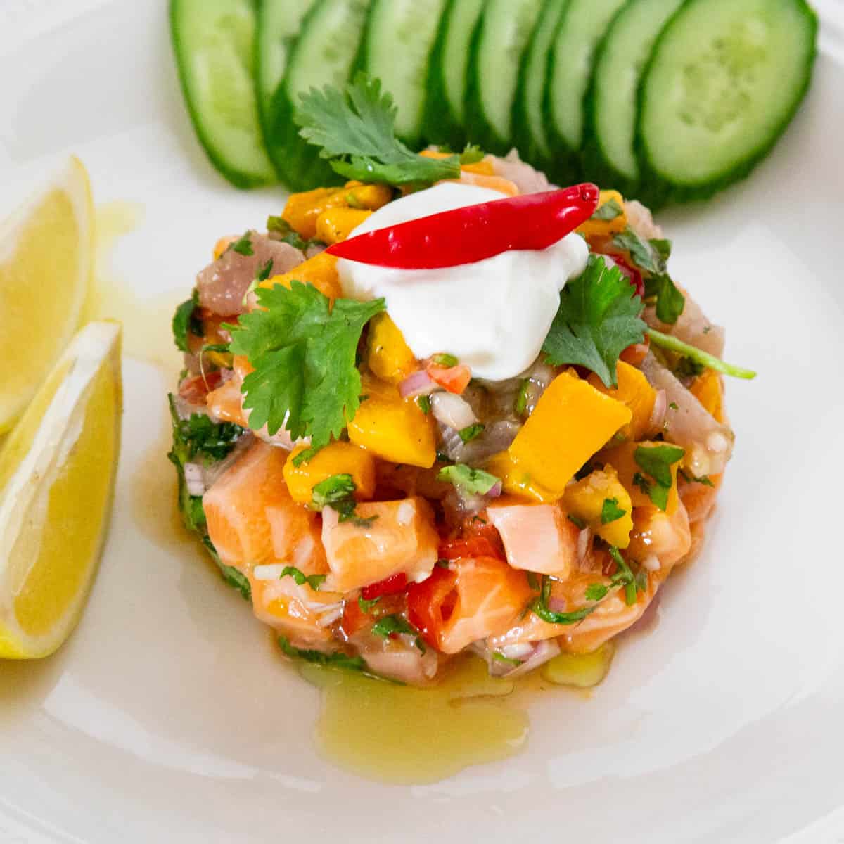 A platter with mango ceviche.