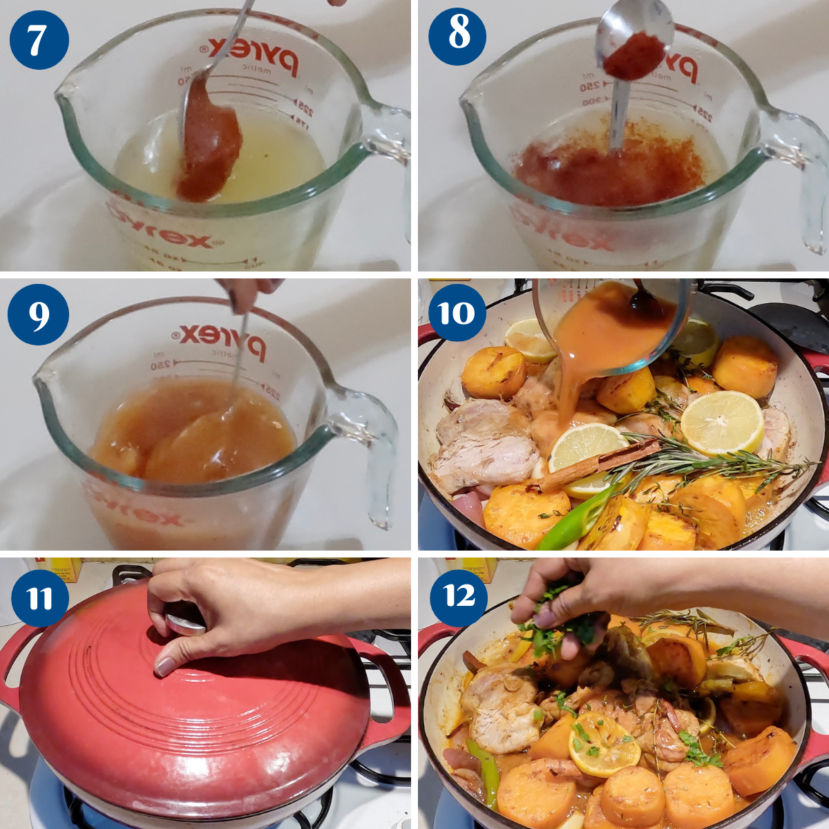 Progress pictures braising chicken with sweet potato.