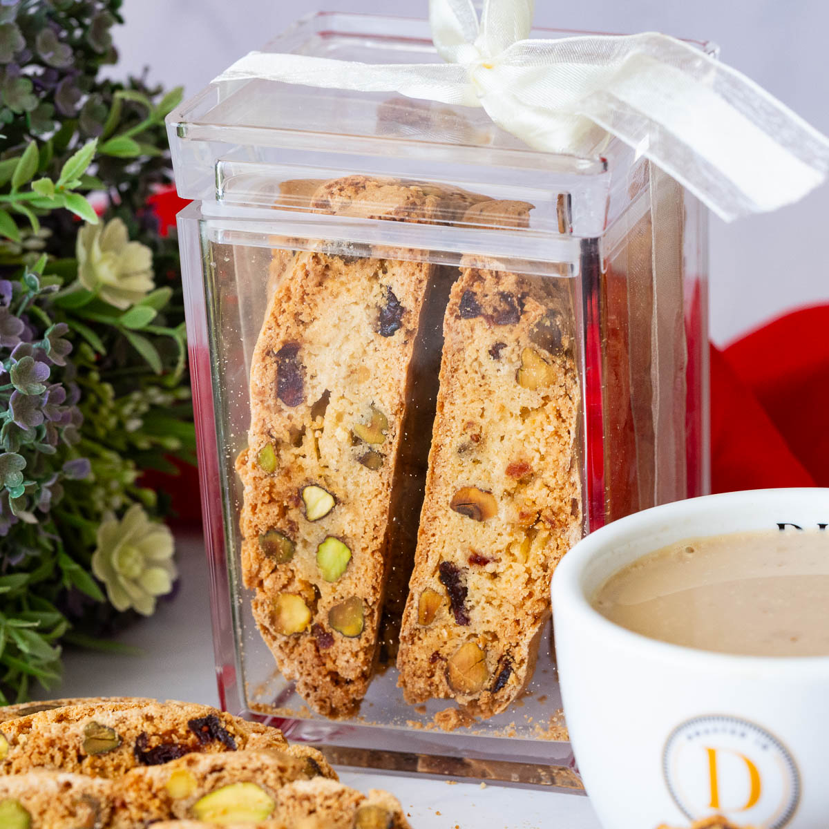 A cookie jar with biscotti for the holidays.