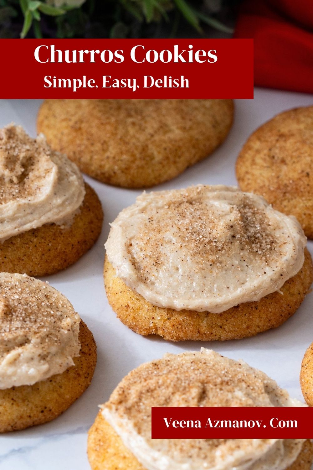 Pinterest image for Churros Cookies Frosted Cinnamon Sugar Cookies.