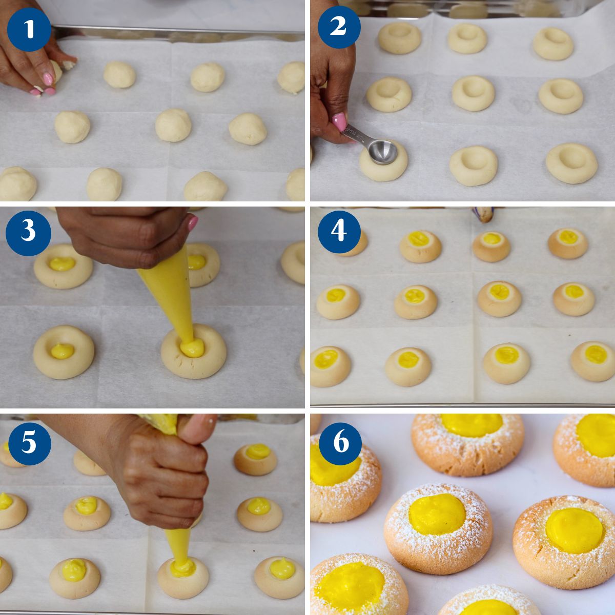 Progress pictures making the thumbprint cookies with lemon curd.