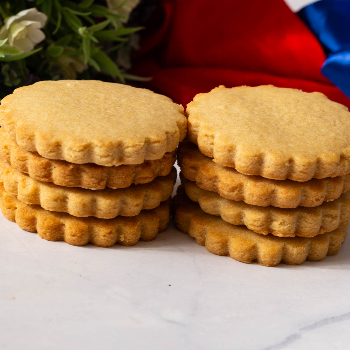 A stack of shortbread cookies on the table.