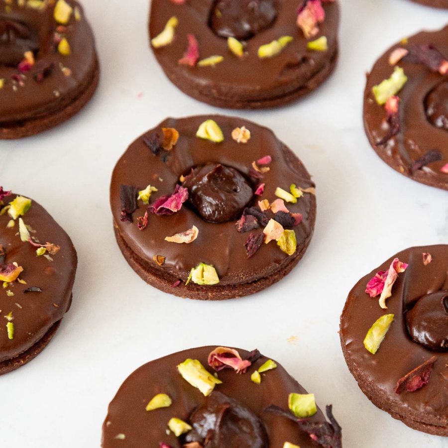 Sandwich cookies on the table.