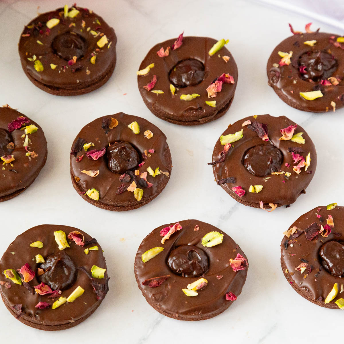 Chocolate sandwich cookies on the table.