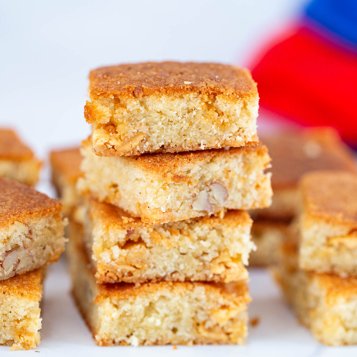 Stack of blondies on the table.