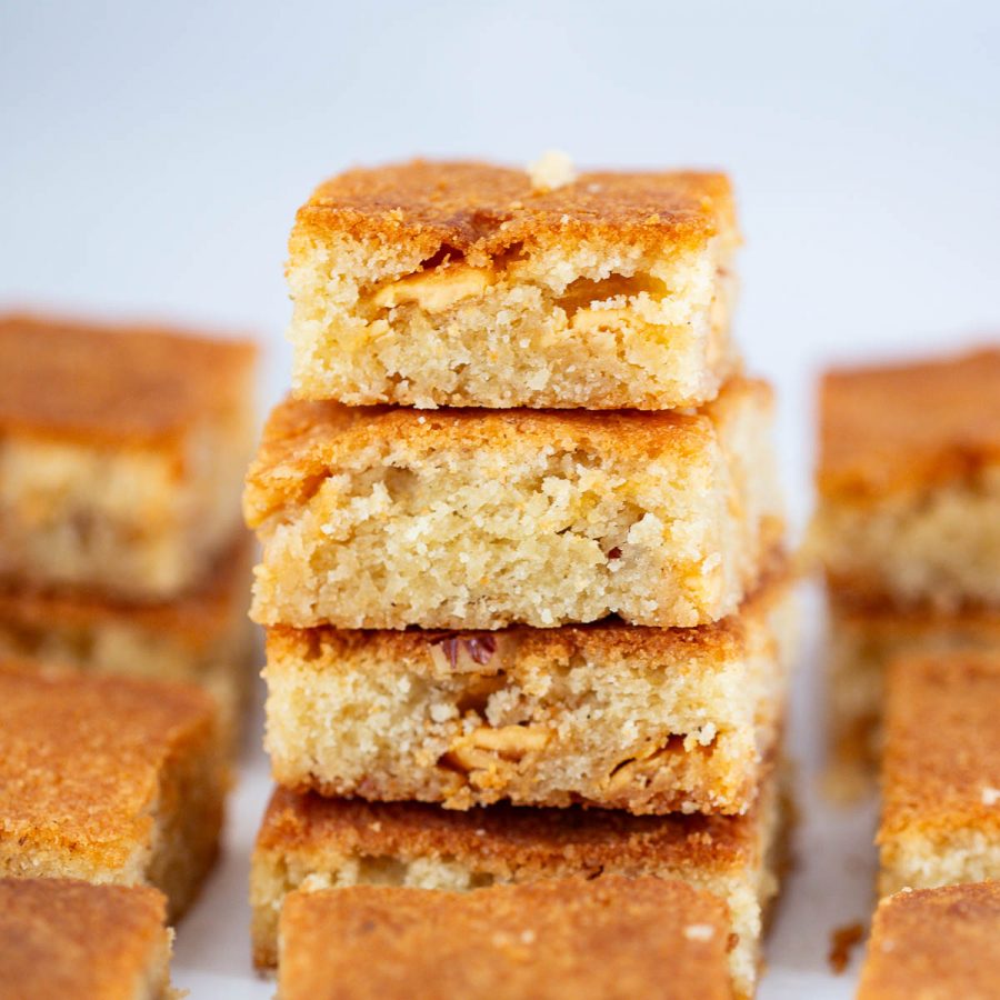 Blondies stacked on the table.