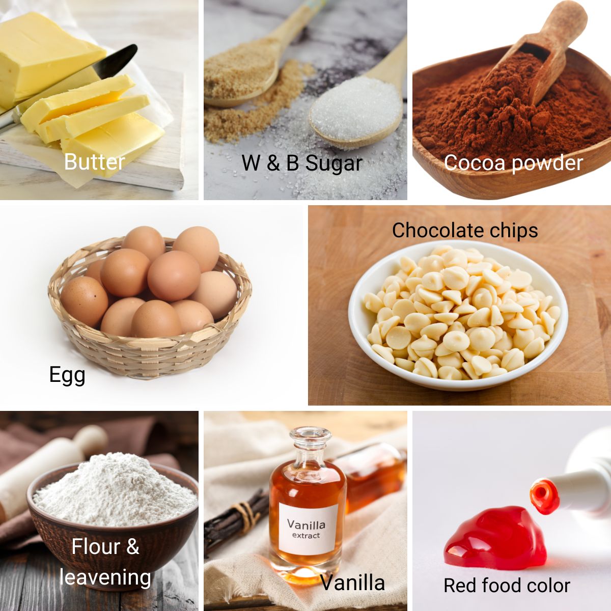Ingredients for making red velvet sugar cookies.