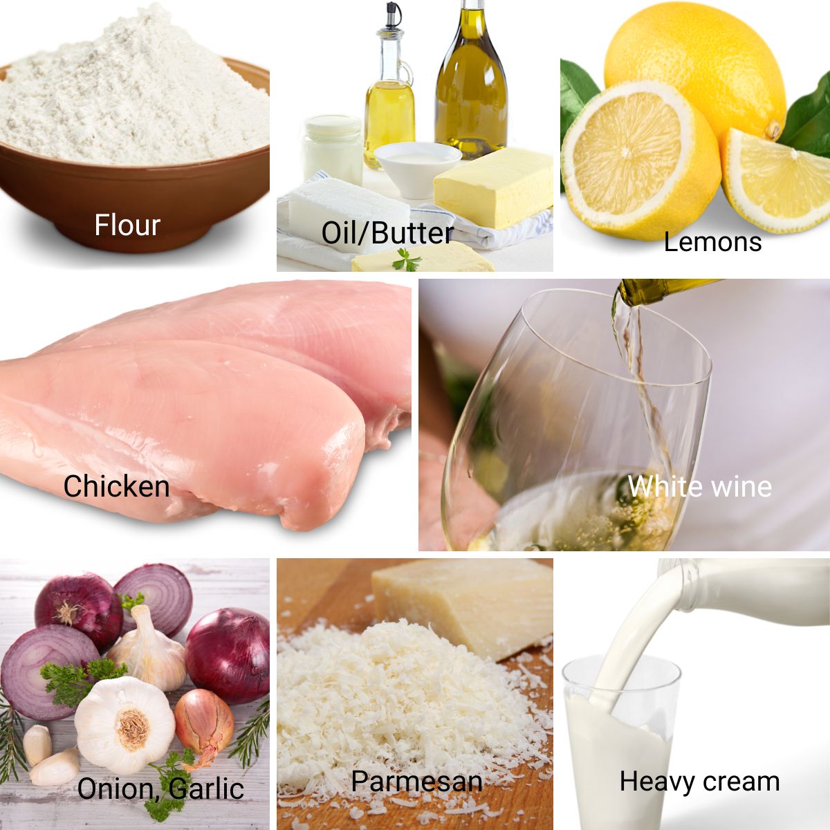 Ingredients for making pan fried chicken cutlets in white white.