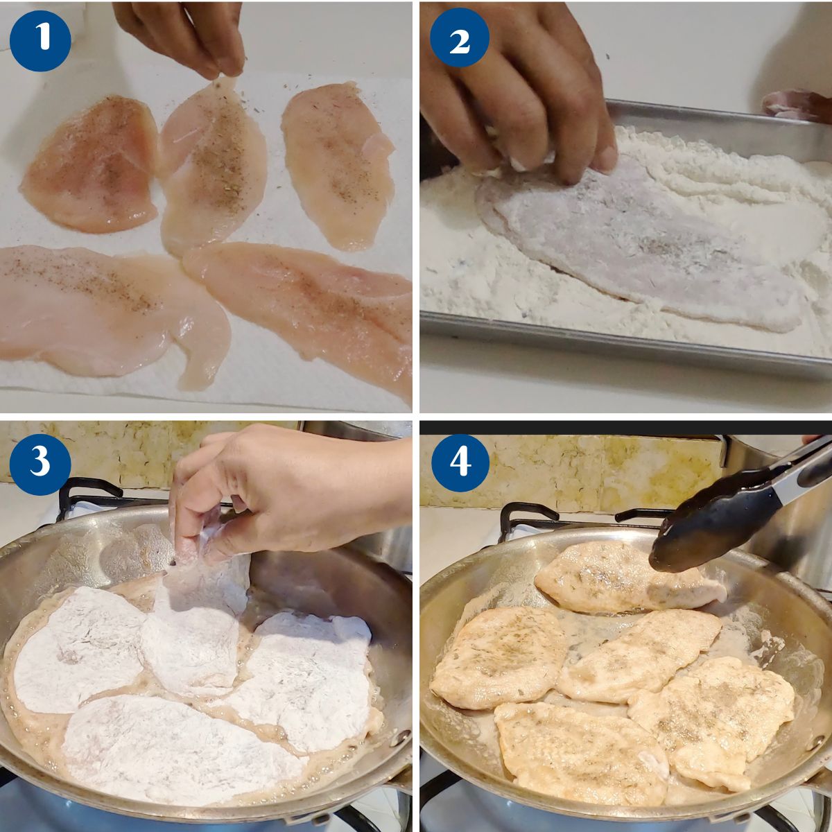 Progress pictures pan frying the chicken cutlets.