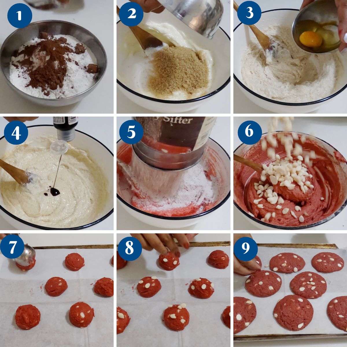 Progress pictures making the red velvet chocolate chip cookies.