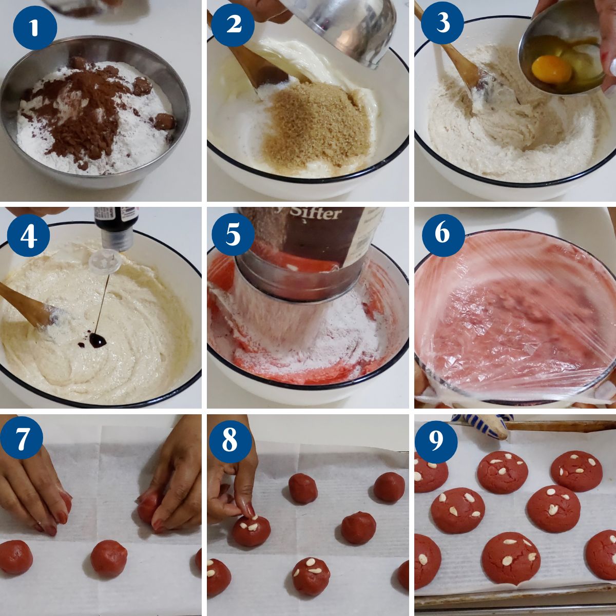 Progress pictures making sugar cookies with red velvet flavor.
