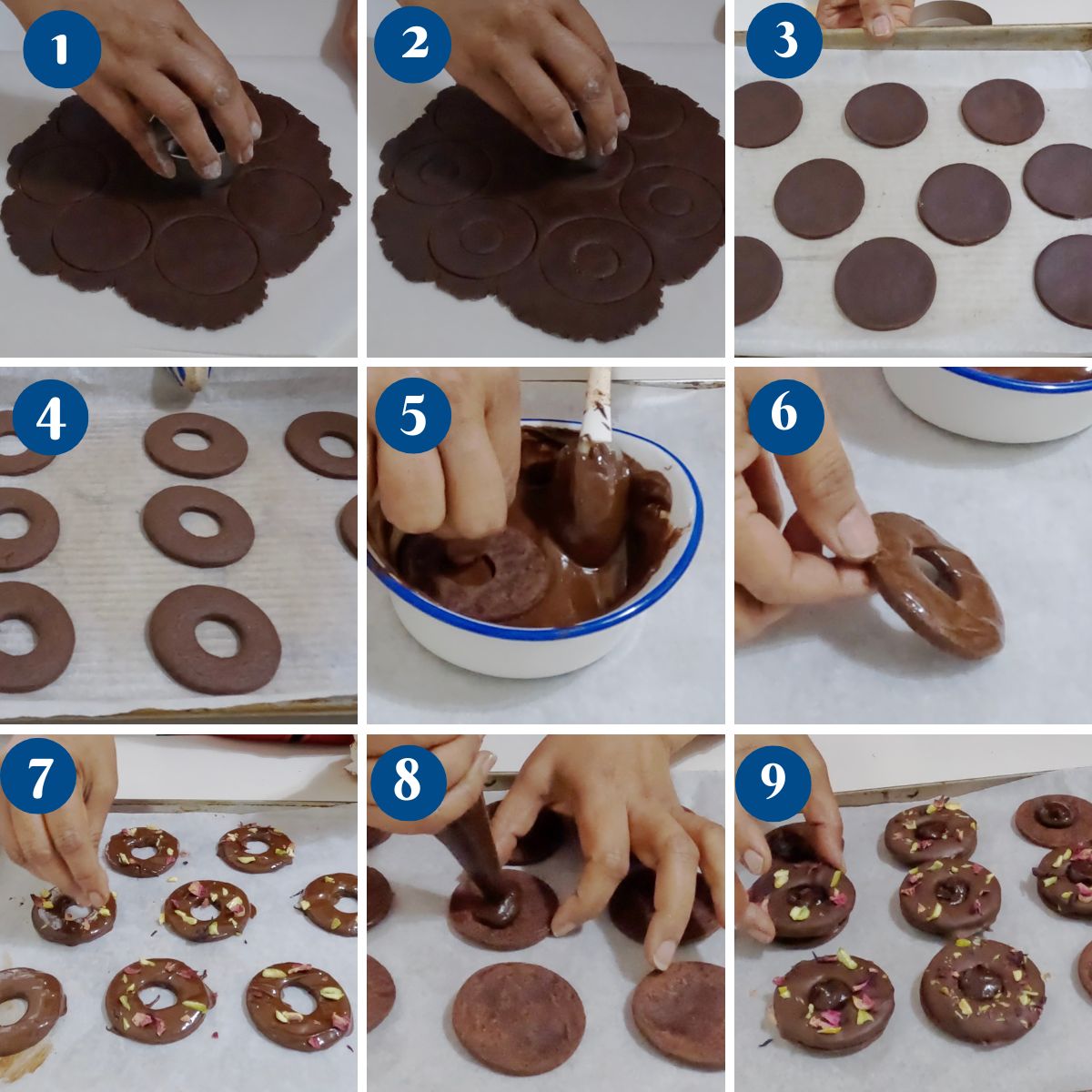 Progress pictures making chocolate linzer cookies.