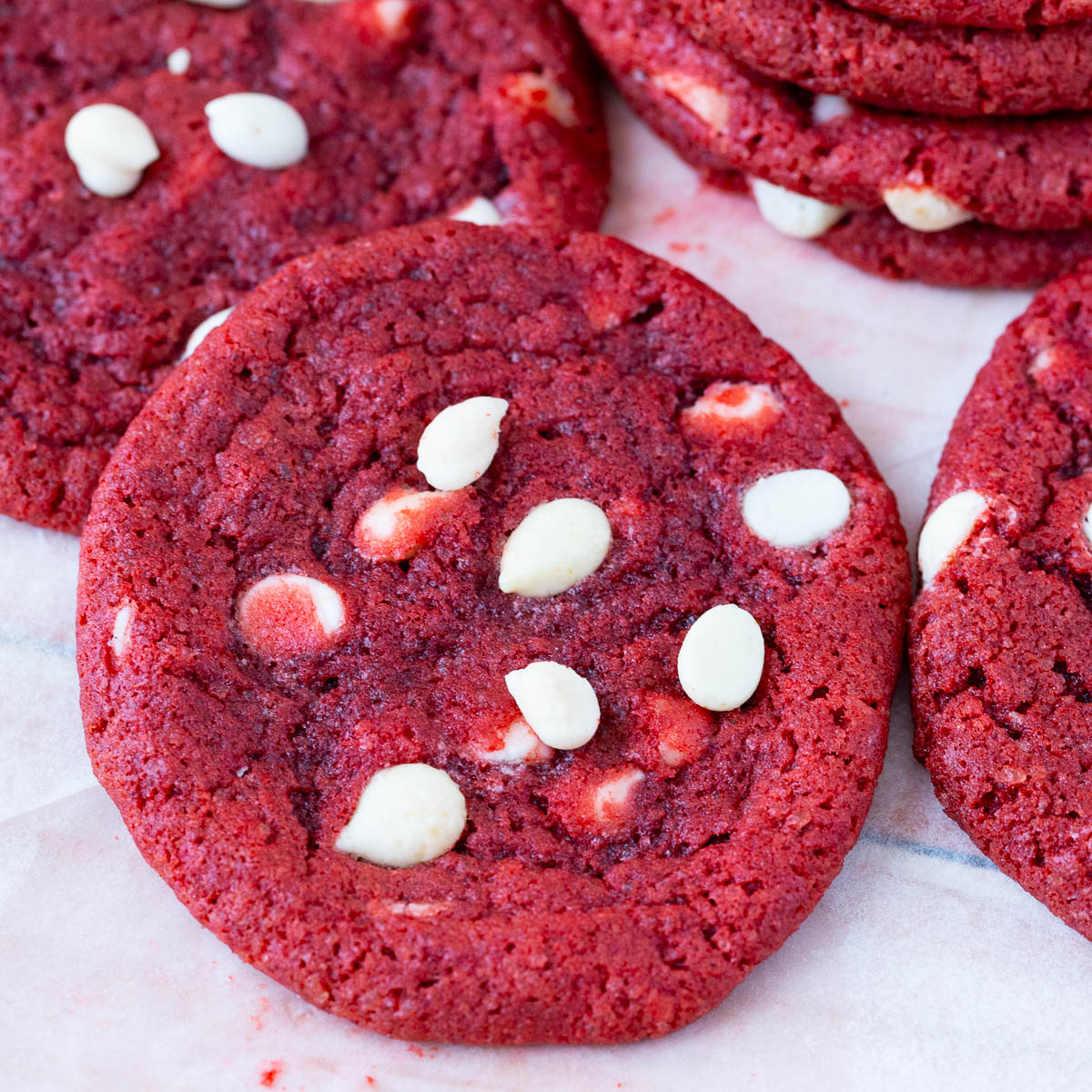 Red Velvet chocolate chip cookies on the table.