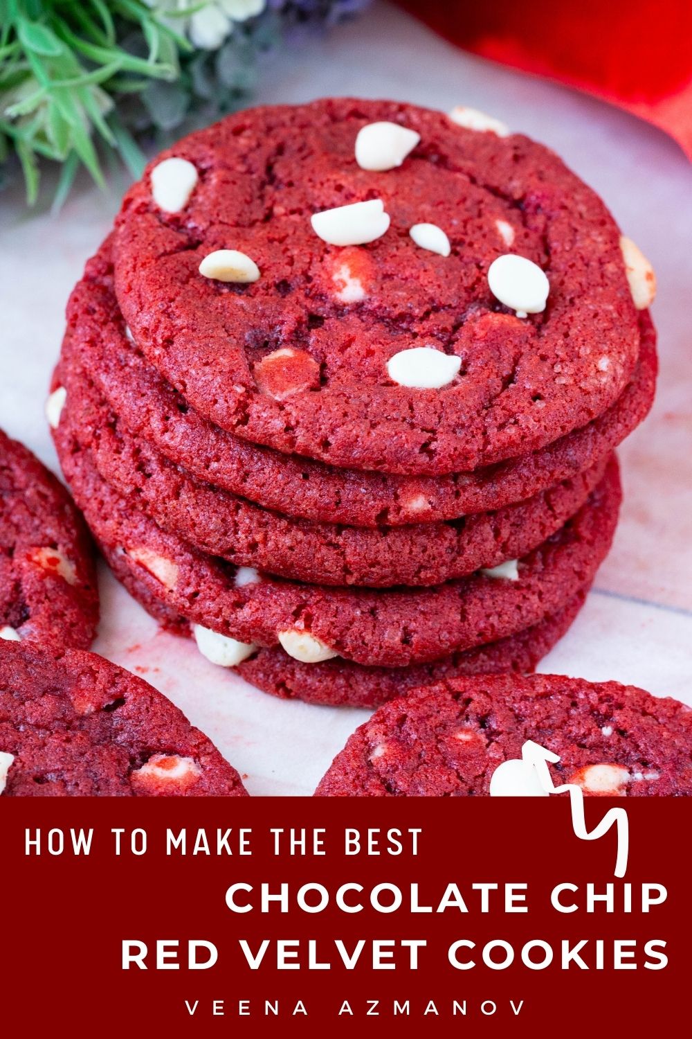 Pinterest image for Red Velvet Chocolate Chip Cookies.
