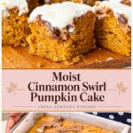 Pinterest image for Pumpkin Cake with Cinnamon Swirl and Cream Cheese.