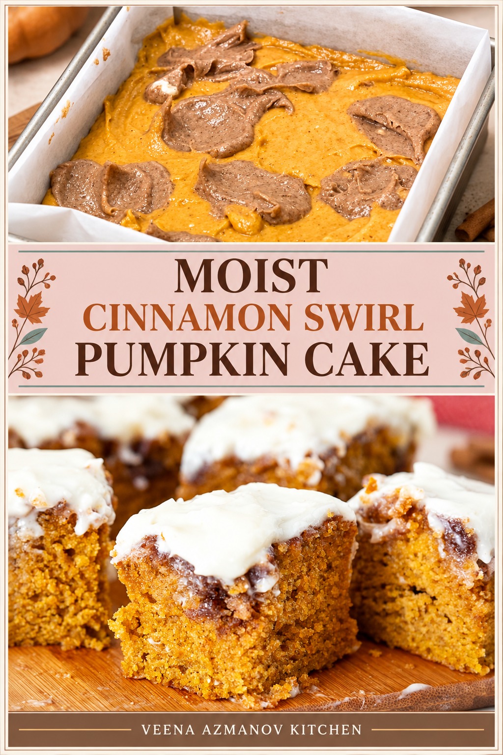 Pinterest image for Pumpkin Cake with Cinnamon Swirl and Cream Cheese.