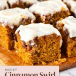 Pinterest image for Pumpkin Cake with Cinnamon Swirl and Cream Cheese.