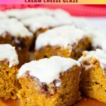 Pinterest image for Pumpkin cake with Cinnamon Swirl and Cream Cheese Glaze.