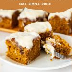 Pinterest image for Pumpkin cake with Cinnamon Swirl and Cream Cheese Glaze.