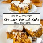 Pinterest image for Pumpkin cake with Cinnamon Swirl and Cream Cheese Glaze.