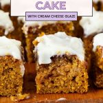 Pinterest image for Pumpkin cake with Cinnamon Swirl and Cream Cheese Glaze.