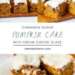 Pinterest image for Pumpkin cake with Cinnamon Swirl and Cream Cheese Glaze.