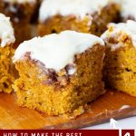 Pinterest image for Pumpkin cake with Cinnamon Swirl and Cream Cheese Glaze.