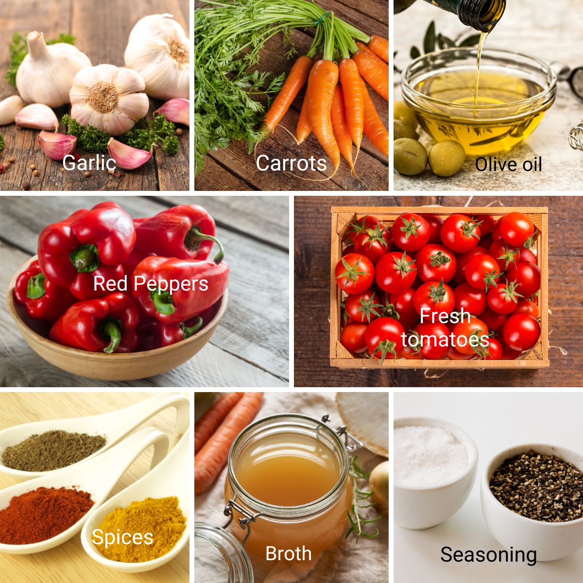Ingredients for making soup with roasted red peppers and tomatoes,