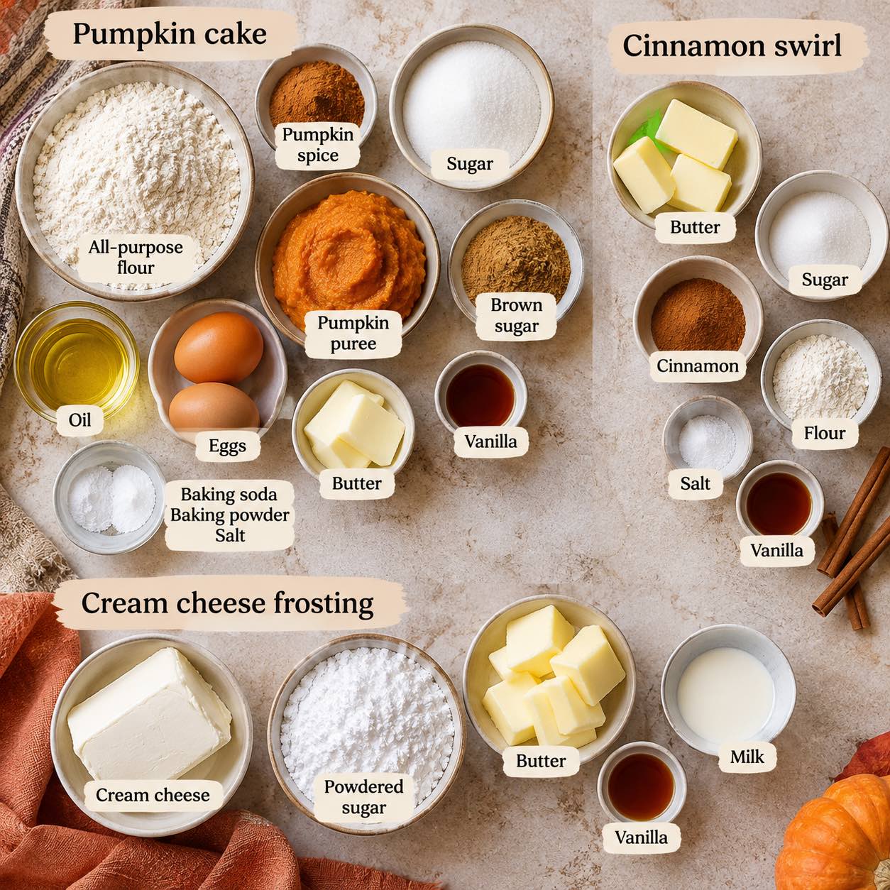 Ingredients for Pumpkin Cake with Cinnamon Swirl.
