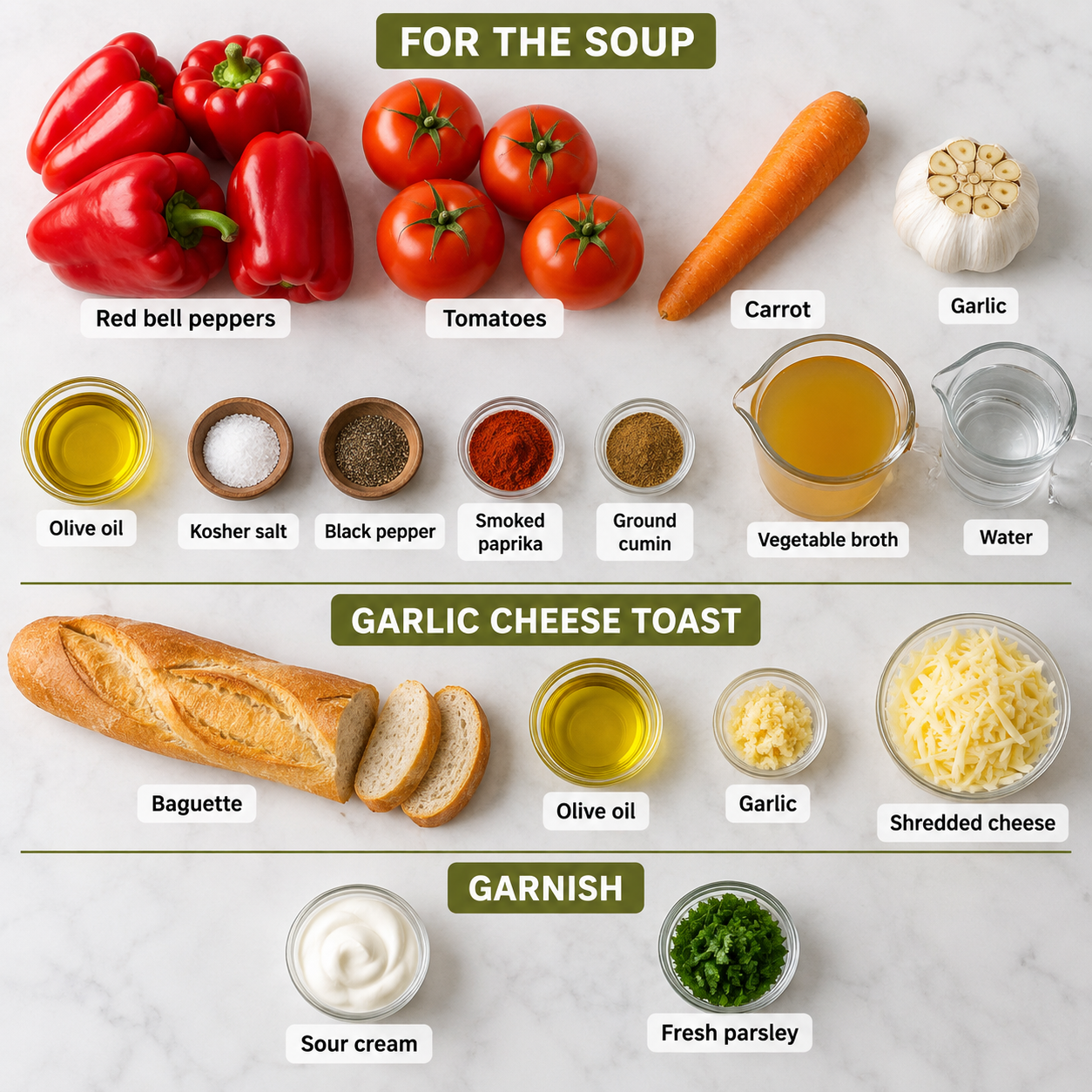 Ingredients for making soup with roasted red peppers and tomatoes,