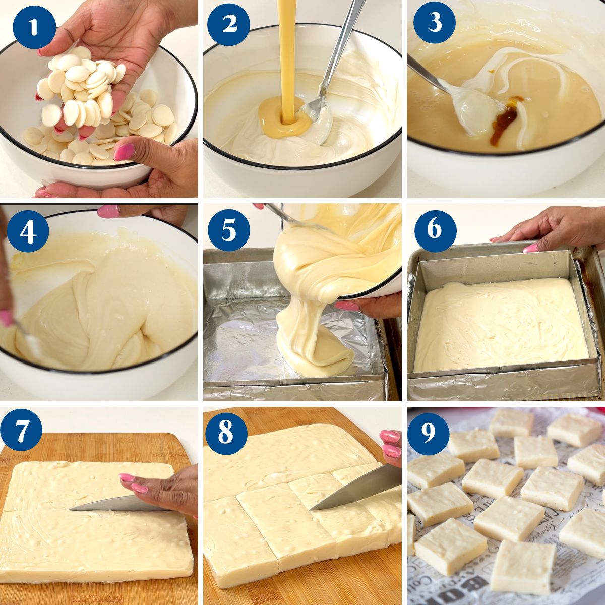 Progress pictures making fudge with white chocolate.