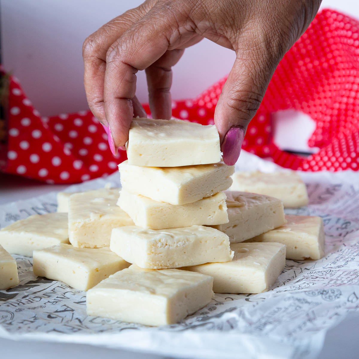 White chocolate fudge on the parchment paper.