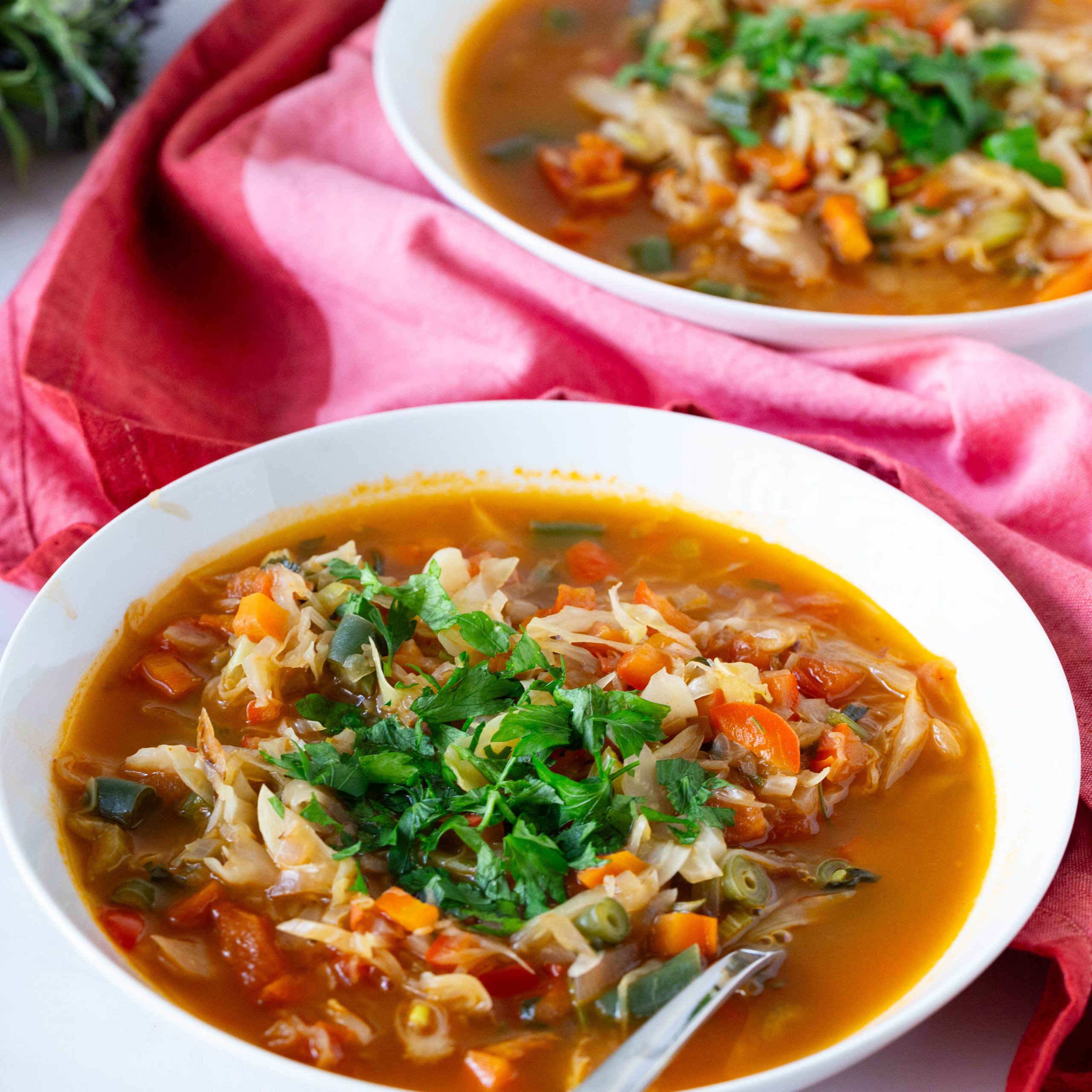 Soup in a bowl with cabbage.
