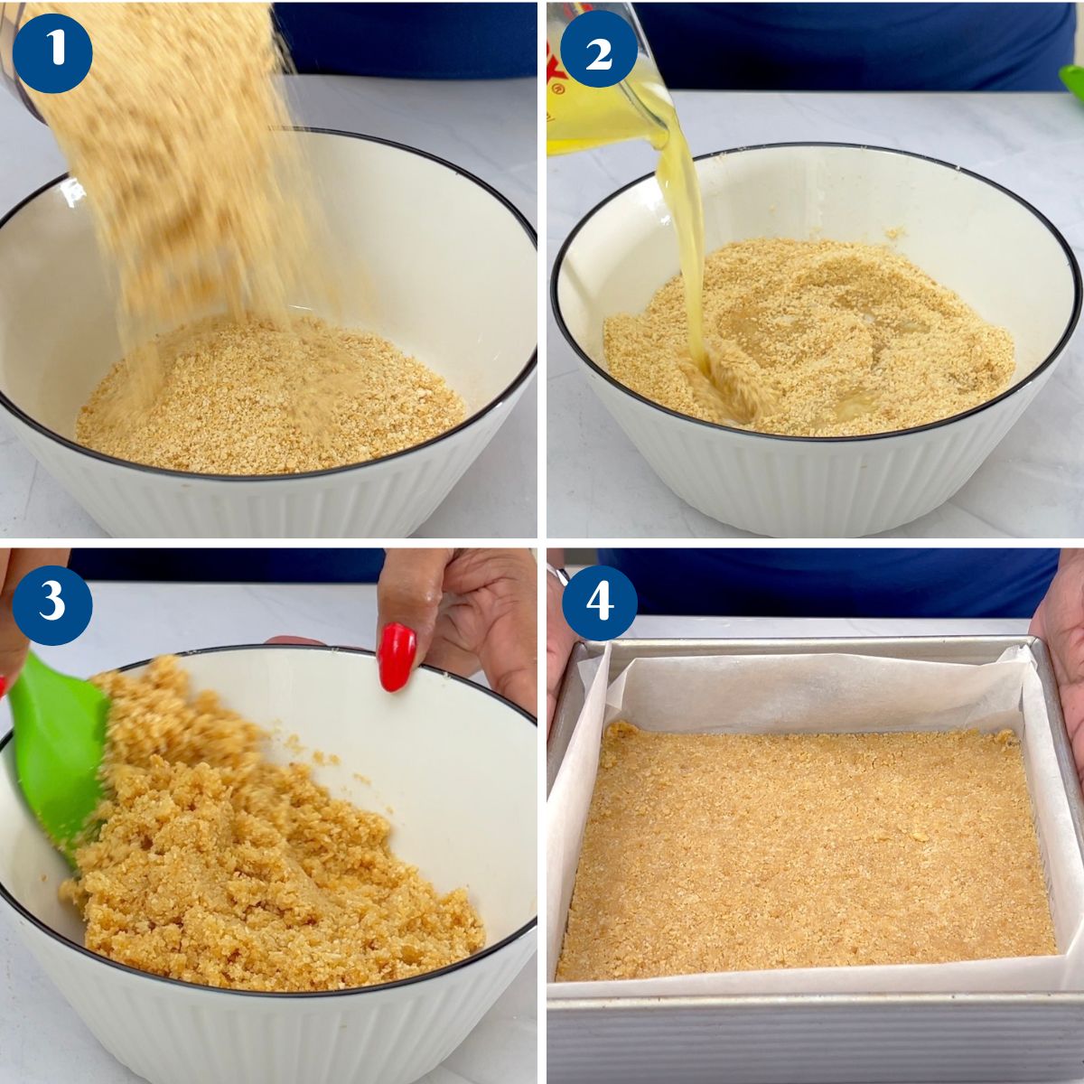 Preparing graham cracker crust.