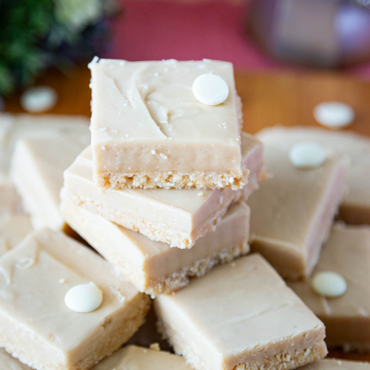 A stack of coffee fudge on the table.