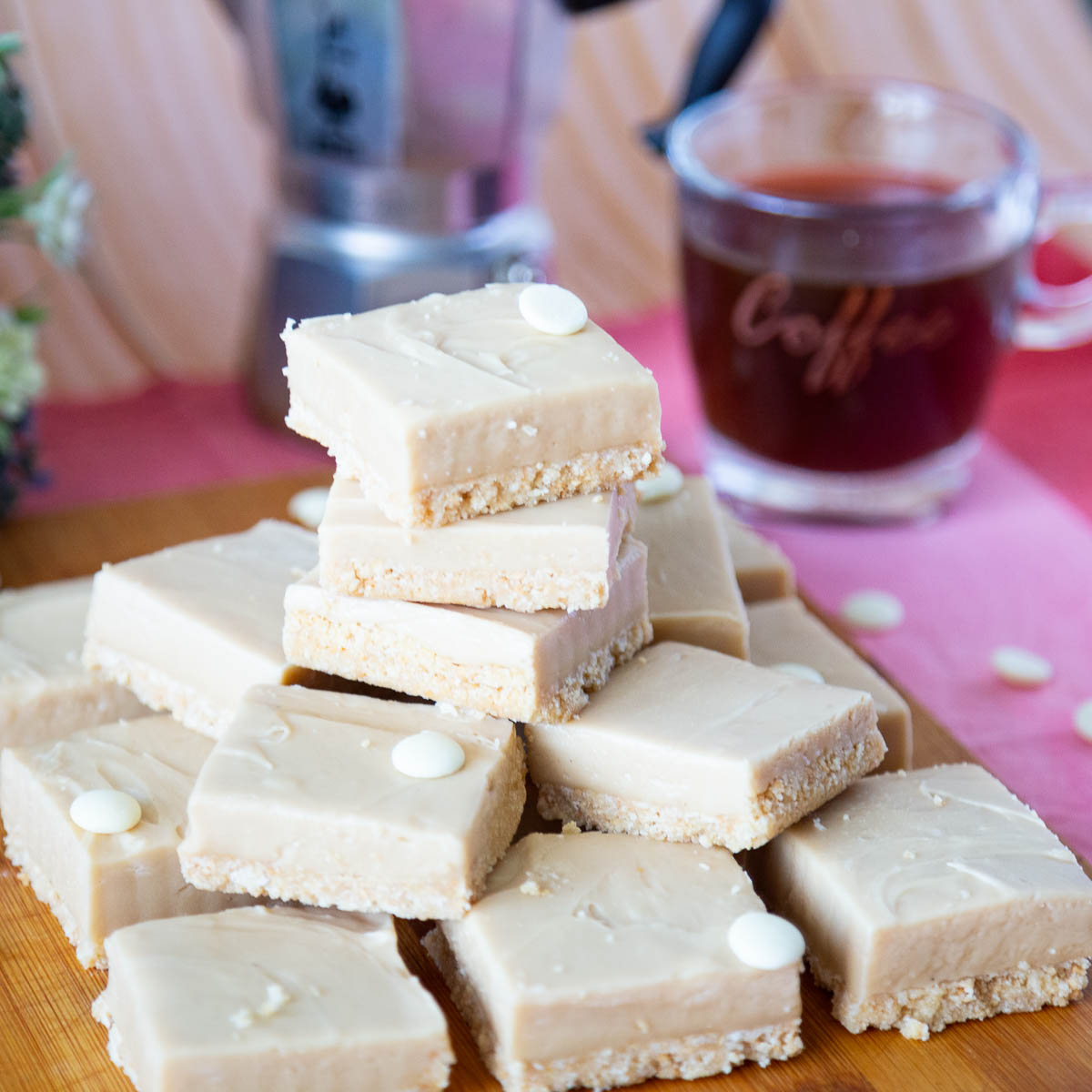 A stack of coffee fudge on the table,