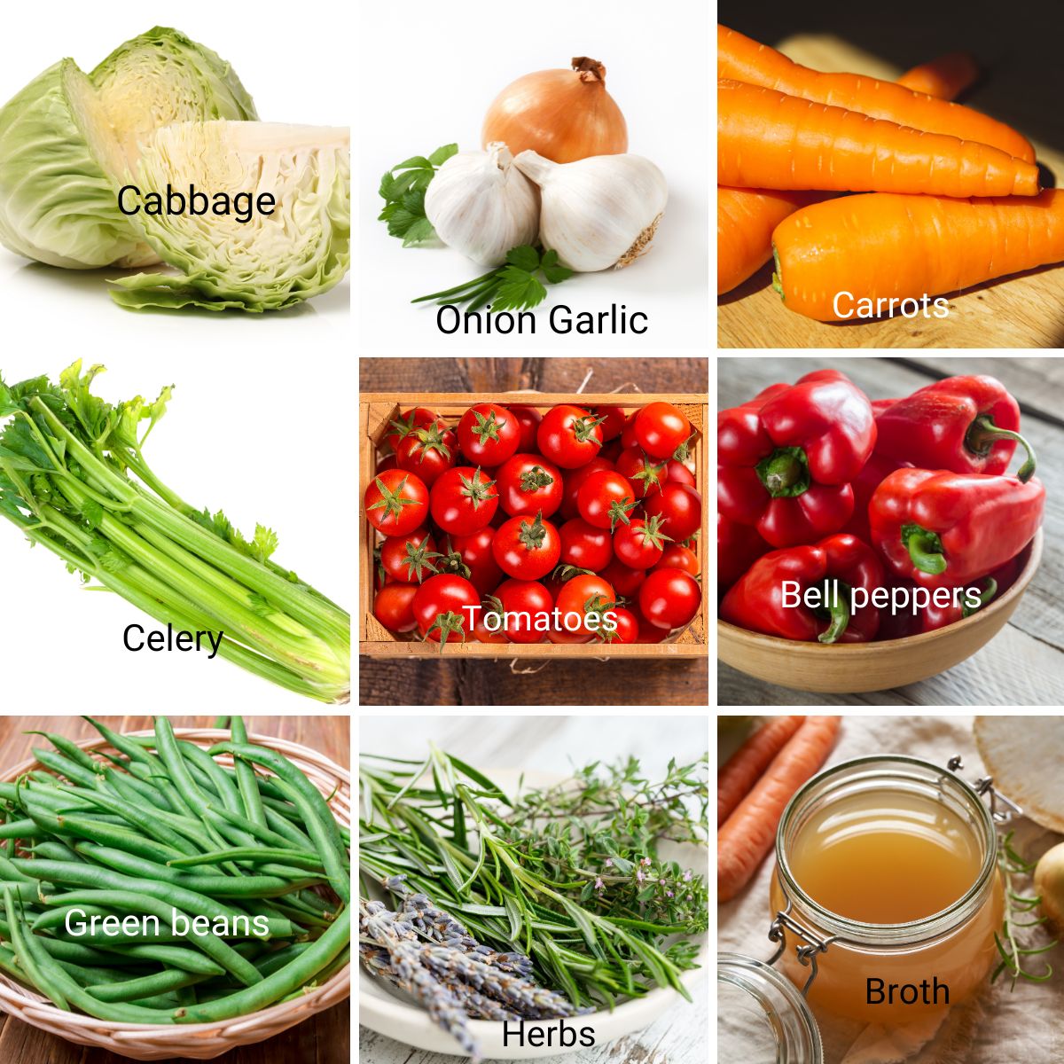 Ingredients collage for detox cabbage soup.