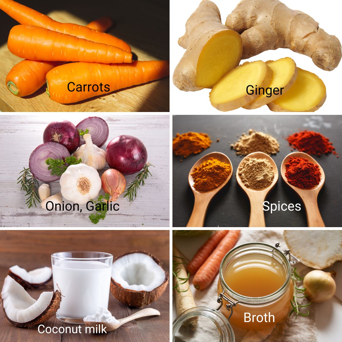 Ingredients collage for roast carrot ginger soup.