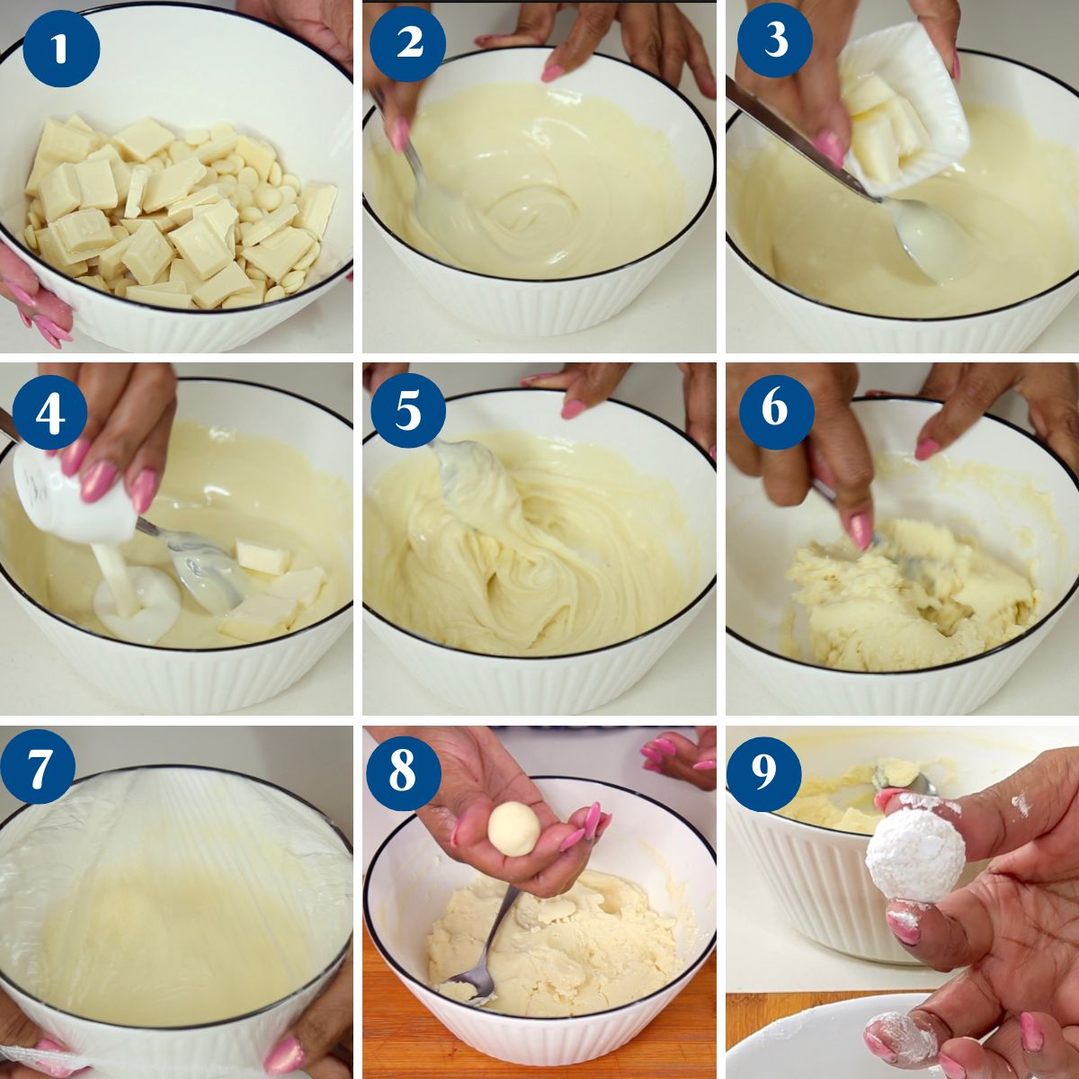 Progress pictures making white chocolate truffles.