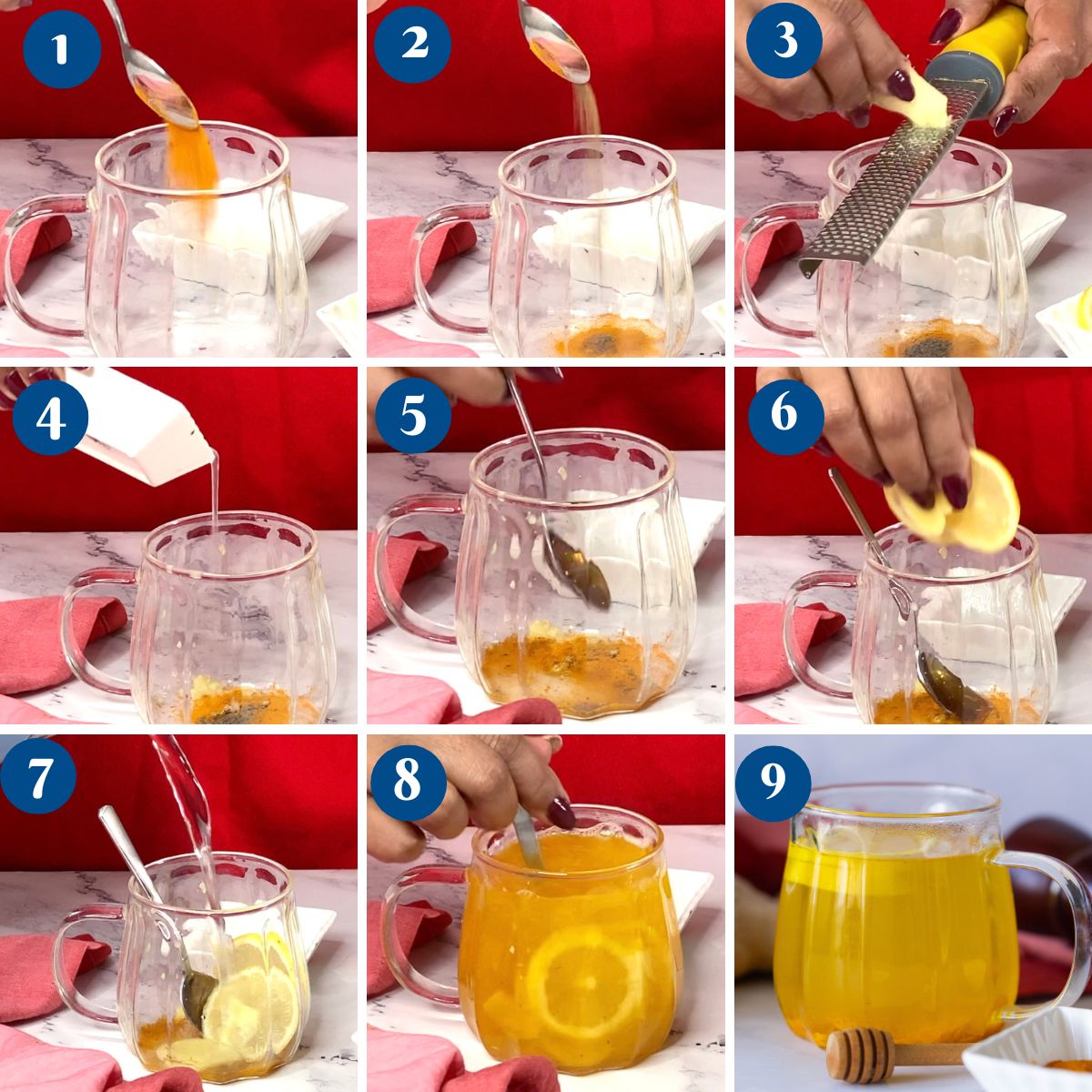 Progress pictures making ginger turmeric tea.
