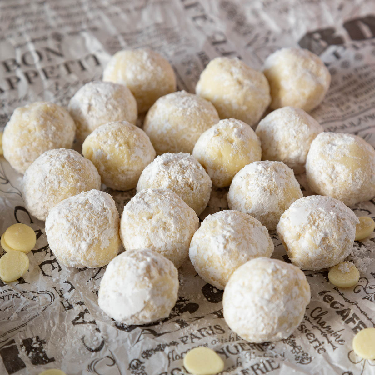 A new paper with white chocolate truffles.