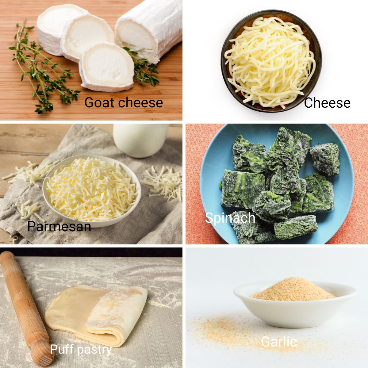 Ingredients collage for spinach puff pastry pinwheels.
